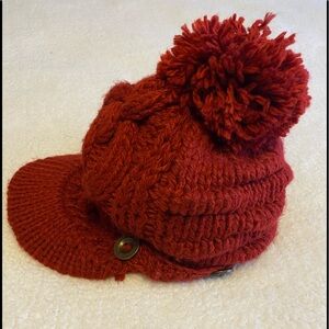 Chunky Knit Pom Pom Beanie with Visor Brim - Rust Red One Size